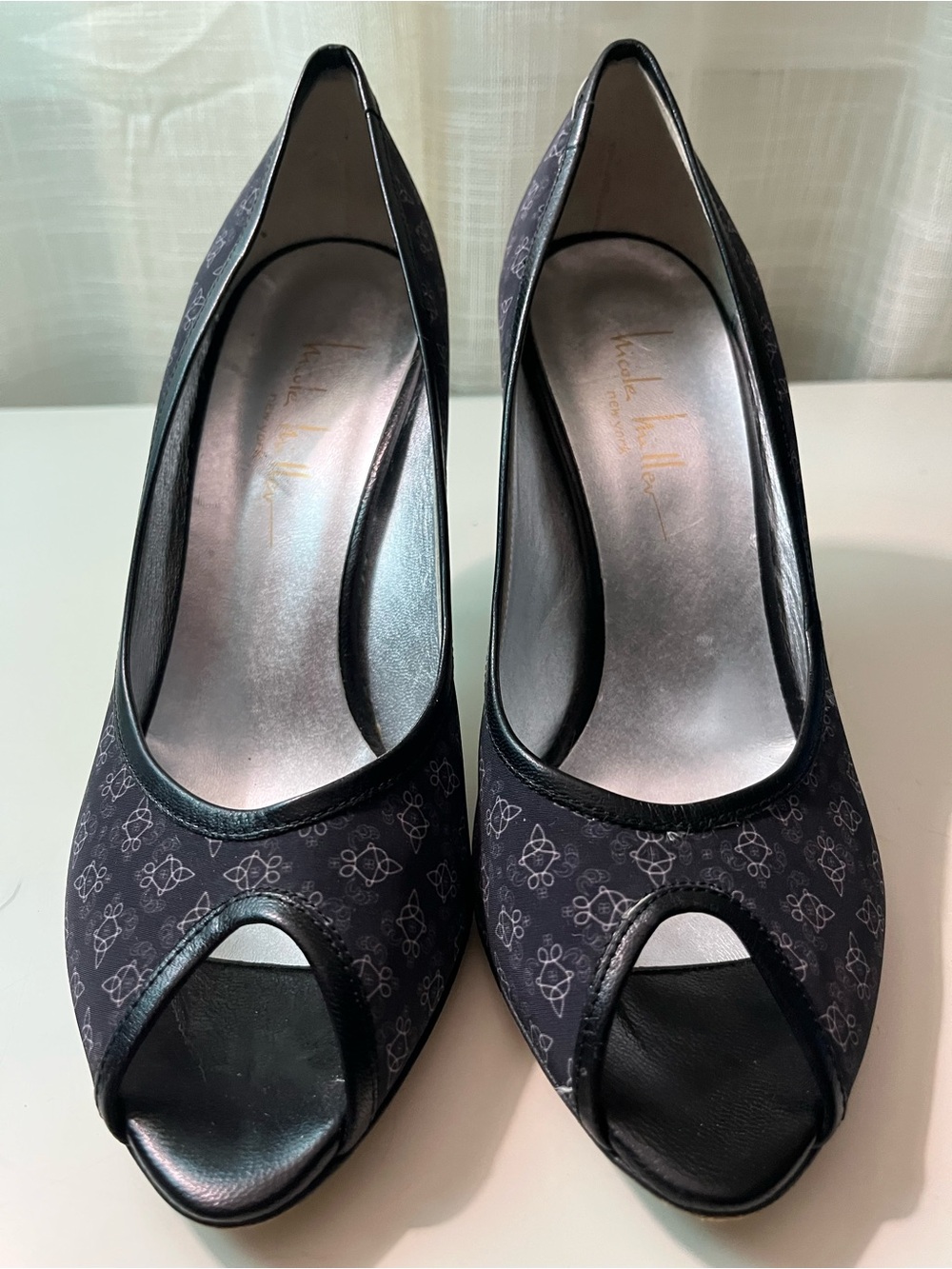 Nicole Miller Black Peep-Toe Heels with Subtle Gray Pattern